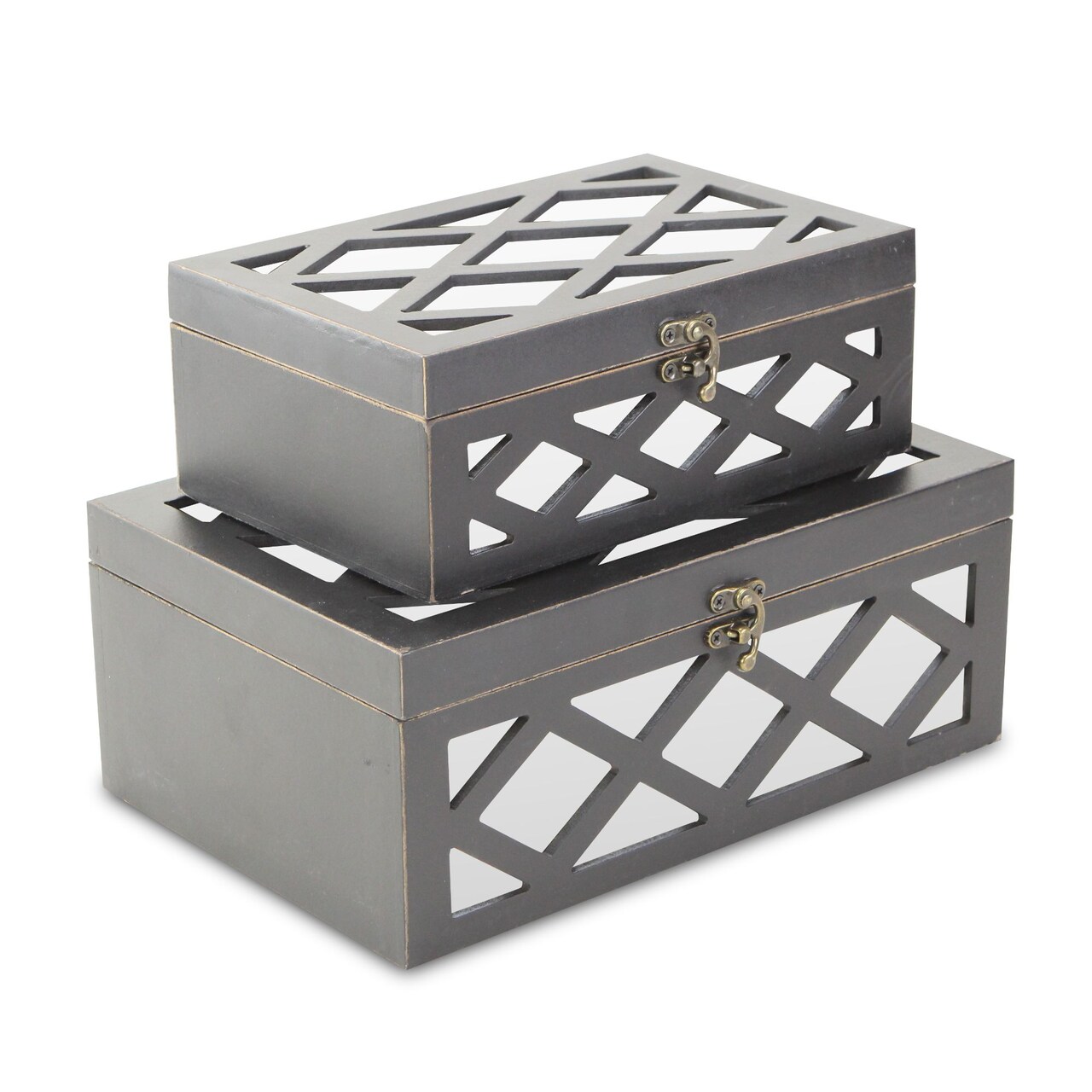 Contemporary Home Living Set of 2 Black Lattice Storage Boxes with Front and Top Mirror 12"